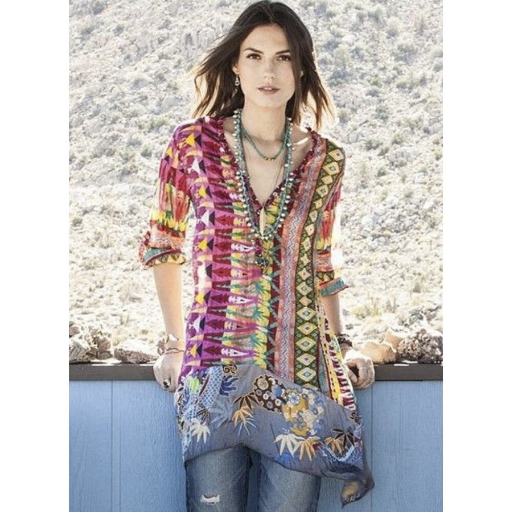 Johnny Was Kamelia Silk Mixed Print V Neck Tunic Blouse S Tribal Boho Art Luxury